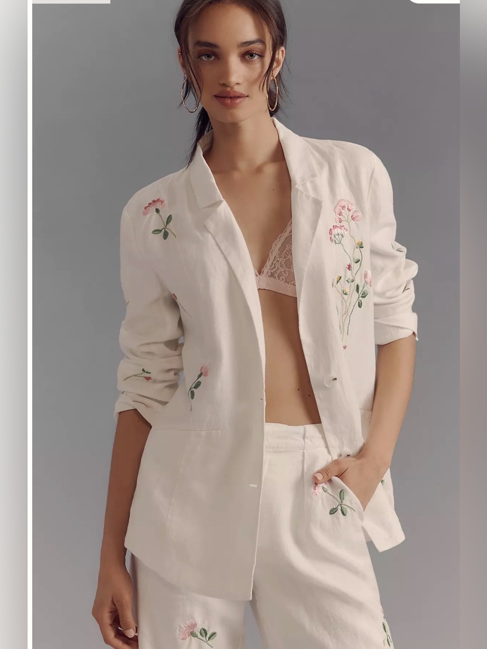 ANTHROPOLOGIE EMBROIDERED LINEN BLAZER WHITE SIZE L NWT - Picture 5 of 17